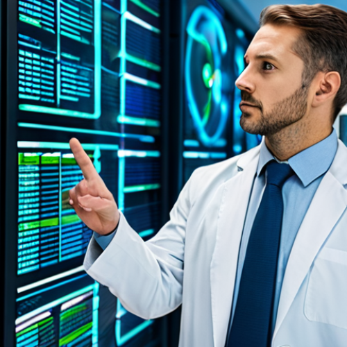 Home 11 A professional cybersecurity expert, fully clothed in a modest business suit, stands in a brightly lit, high-tech server room. Around them, holographic data streams depicting abstract healthcare information flow gracefully. The expert is gesturing thoughtfully towards a large, secure data display, emphasizing robust data protection and digital security. The scene conveys a sense of vigilance and the importance of safeguarding sensitive medical information in the digital age. Perfect anatomy, well-formed hands, proper finger count, natural body proportions, professional photography, high quality, safe for work, appropriate content, fully clothed, professional dress.