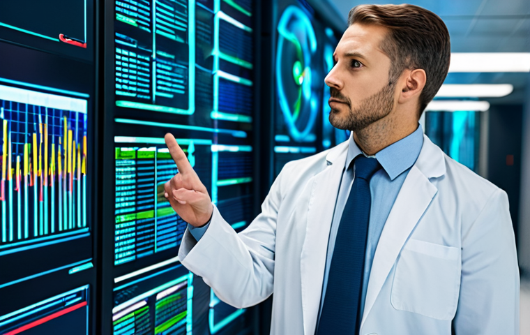 A professional cybersecurity expert, fully clothed in a modest business suit, stands in a brightly lit, high-tech server room. Around them, holographic data streams depicting abstract healthcare information flow gracefully. The expert is gesturing thoughtfully towards a large, secure data display, emphasizing robust data protection and digital security. The scene conveys a sense of vigilance and the importance of safeguarding sensitive medical information in the digital age. Perfect anatomy, well-formed hands, proper finger count, natural body proportions, professional photography, high quality, safe for work, appropriate content, fully clothed, professional dress.