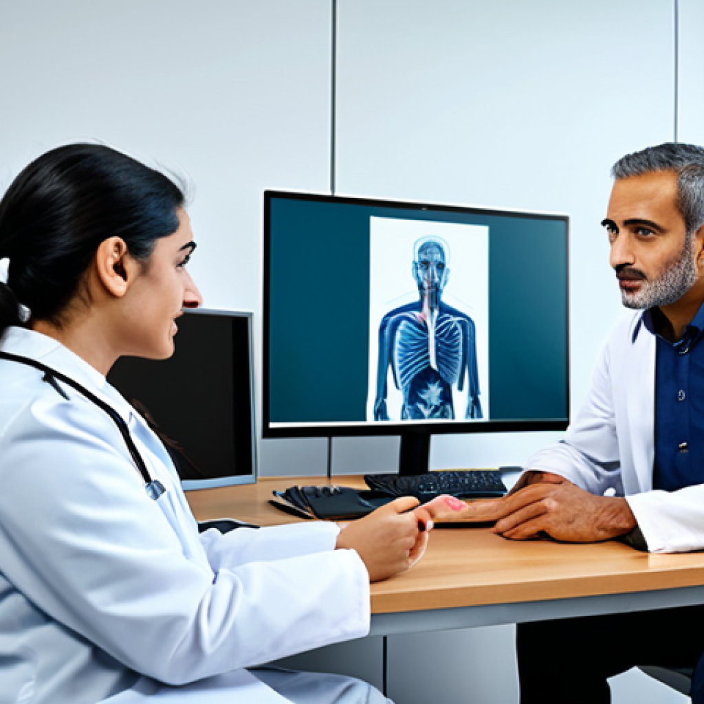 웰니스 테크의 투자 기회 분석 - **A Middle Eastern doctor consulting with a patient via telemedicine.** The doctor is wearing a prof...