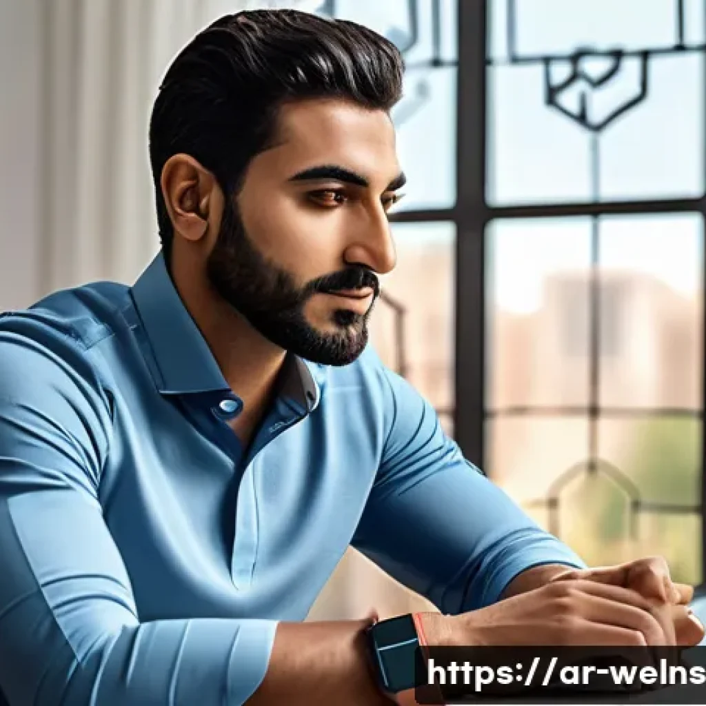 웰니스 테크 스타트업 리스트 2023 - A modern Middle Eastern man wearing a sleek, high-tech smart wearable fitness tracker on his wrist, ...