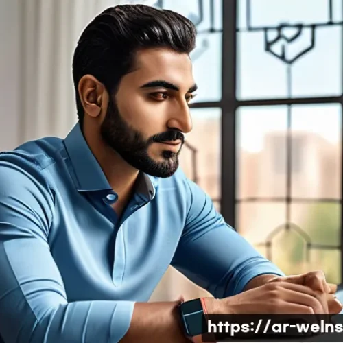 Home 26 웰니스 테크 스타트업 리스트 2023 - A modern Middle Eastern man wearing a sleek, high-tech smart wearable fitness tracker on his wrist, ...