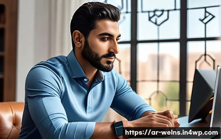 웰니스 테크 스타트업 리스트 2023 - A modern Middle Eastern man wearing a sleek, high-tech smart wearable fitness tracker on his wrist, ...