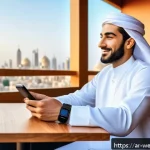 Home 19 스마트 헬스 기기 선택 가이드 - A modern Arab man wearing traditional white thobe and smart health tracking wristband, sitting at a ...