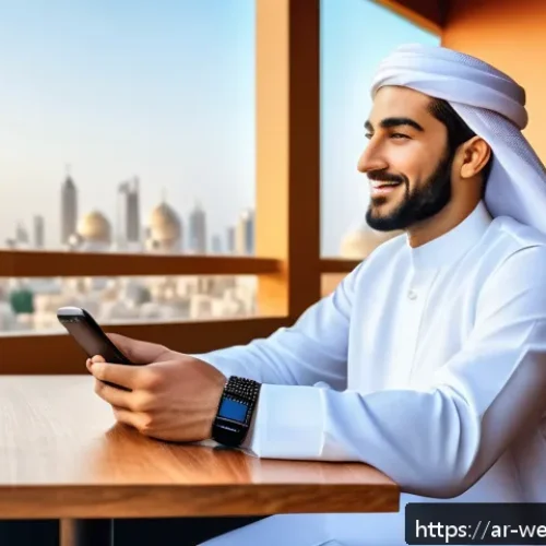 Home 13 스마트 헬스 기기 선택 가이드 - A modern Arab man wearing traditional white thobe and smart health tracking wristband, sitting at a ...
