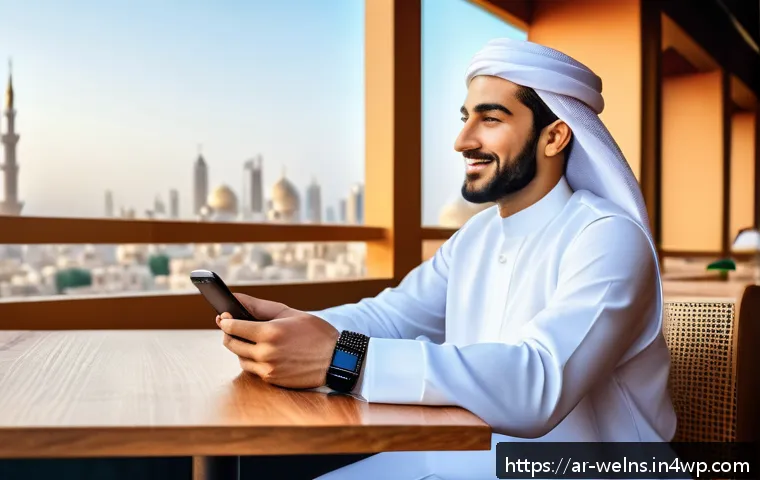 스마트 헬스 기기 선택 가이드 - A modern Arab man wearing traditional white thobe and smart health tracking wristband, sitting at a ...