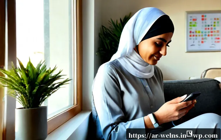 웰니스 테크가 가져오는 라이프스타일 변화 - Photorealistic lifestyle scene in a modern sunlit Gulf Arab apartment, a middle-aged Arab woman wear...
