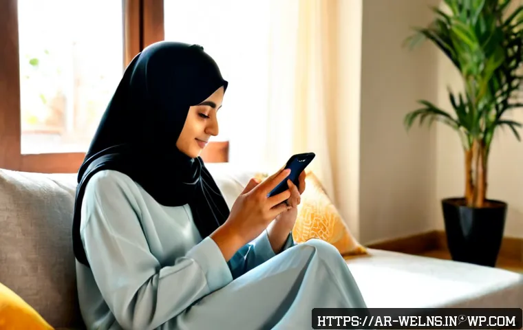 정신적 웰빙을 위한 디지털 도구 - Photorealistic Arab woman in modest contemporary clothing sitting peacefully in a sunlit living room...