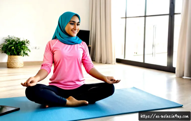Home 17 비대면 웰니스 프로그램의 효과와 한계 - Photorealistic Arab woman in modest sportswear and hijab following a remote wellness workout on a ta...